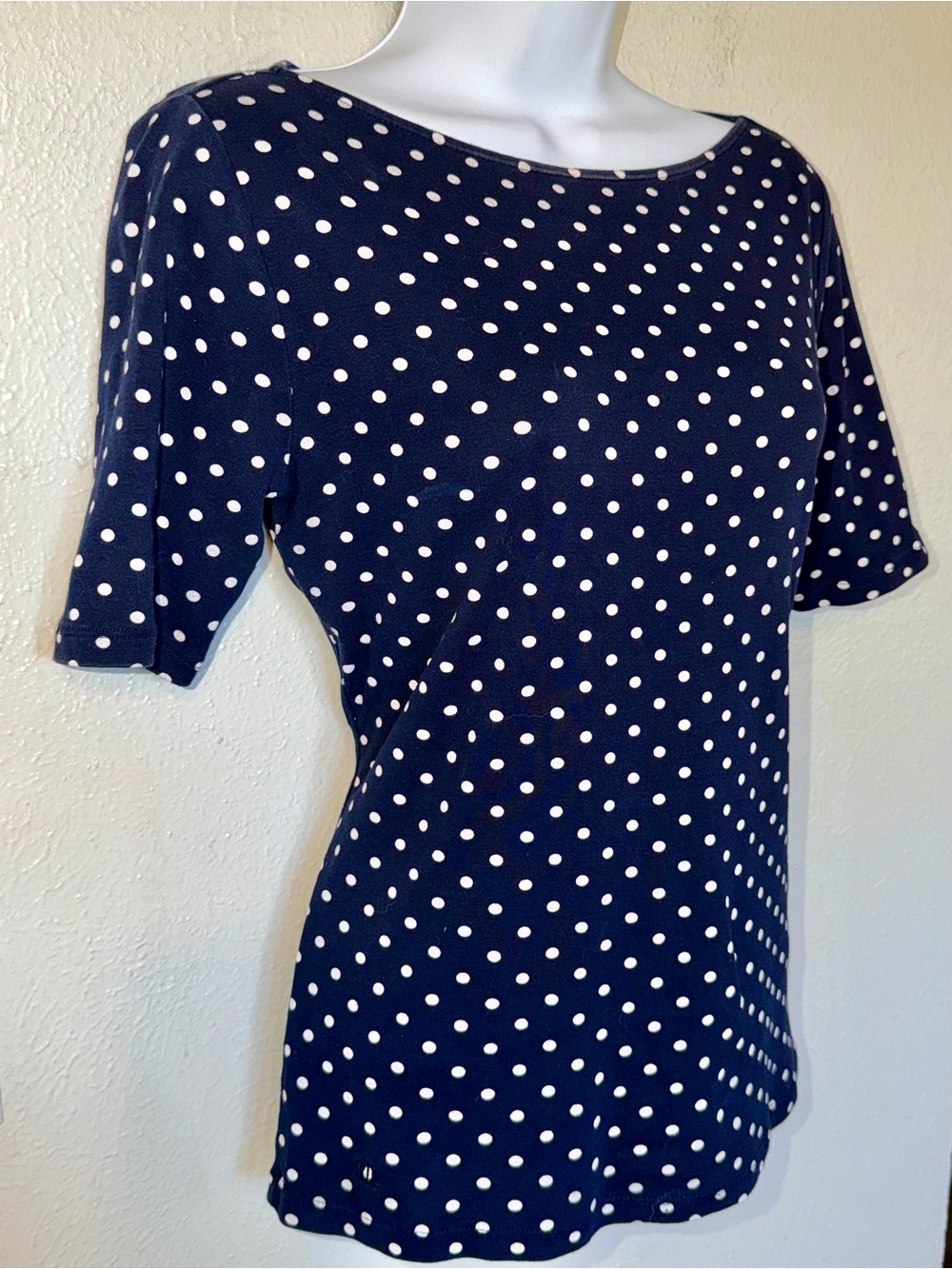 Ralph Lauren Navy Polka Dot 100% Cotton Knit Boatneck Short Sleeve Top Sz Small